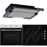 Pachet Incorporabil Cuptor electric Hausberg HB-8053IN, 71L, Negru/Inox, Plita Incorporabila HB-563NG, Gaz, Sticla, Negru, Hota incorporabila telescop