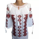 Cumpara ieftin Bluza Tip Ie Traditionala Alba cu Motiv Geometric Rosu de Dama - IMS82