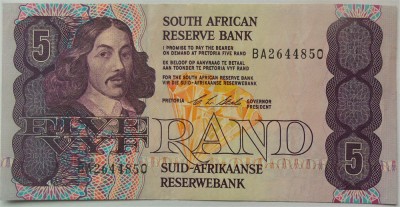 BANCNOTA EXOTICA 5 RAND - AFRICA de SUD, anul 1990 - 1994 *cod 617 B = A.UNC foto