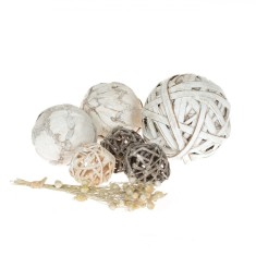 Set Sfere Decorative, 7 Bucăți, Off White, Crenguță, Diametru 4-7cm, Lemn