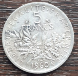 (A282) MONEDA DIN ARGINT FRANTA - 5 FRANCS 1960, SEMANATOAREA, 12 GRAME, AG 835, Europa