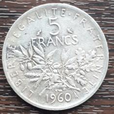 (A282) MONEDA DIN ARGINT FRANTA - 5 FRANCS 1960, SEMANATOAREA, 12 GRAME, AG 835