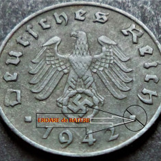 Moneda istorica 1 REICHSPFENNIG - GERMANIA NAZISTA, anul 1942 D *cod 4880 EROARE