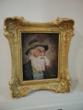 Pictura veche ulei pe lemn portret bătr&acirc;nel cu pipa