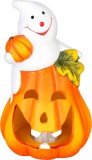 Decoratiune Halloween cu dovleac si fantoma LED din teracota 15 cm