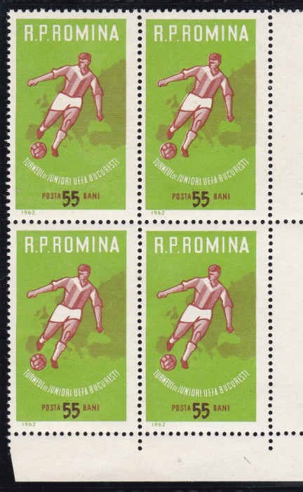 ROMANIA 1962 LP 535 TURNEUL DE JUNIORI U.E.F.A. BLOC DE 4 TIMBRE MNH