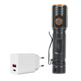 Pachet lanterna PNI Adventure F650 cu LED 20W, 2000 lm, din aluminiu, IPX6, acumulator inclus si alimentator PNI CHG300 cu port USB C, QC3.0, PD3.0, P