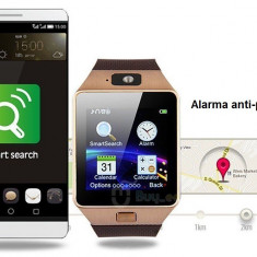 Smartwatch DZ09 Bluetooth cu SIM Rose Gold, curea visinie, compatibil Android & iOS