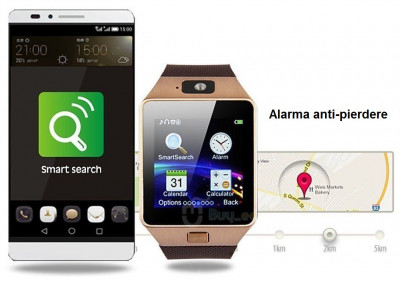 Smartwatch DZ09 Bluetooth cu SIM Rose Gold, curea visinie, compatibil Android &amp;amp; iOS foto