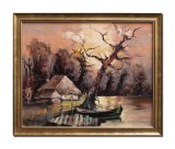 Cumpara ieftin Tablou apus de soare in Delta Dunarii pictat manual inramat, 55x45cm ulei pe panza, rama din lemn, Geo Ungureanu