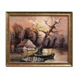 Tablou apus de soare in Delta Dunarii pictat manual inramat, 55x45cm ulei pe panza, rama din lemn, Geo Ungureanu