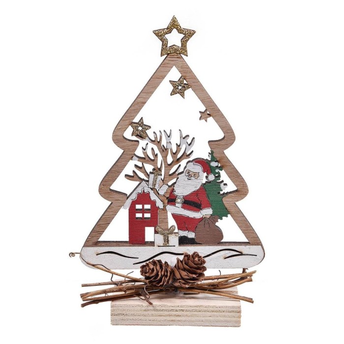 Decorațiune Crăciun Lemn, Model Pom cu Moș Crăciun și Cadouri, &Icirc;nălțime 16 cm, Multicolor