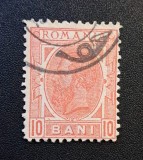 Regele Carol I (Emisiunea "Cifre &icirc;n Colțuri / Banderolă", 1885&ndash;1889) - 10 BANI Roșu-Carmin / Cărămiziu (Timbru Dintelat, Ștampilat) RO1