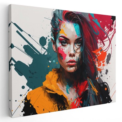 Tablou portret femeie pete de culoare multicolor 1460 Tablou canvas pe panza CU RAMA 60x80 cm foto