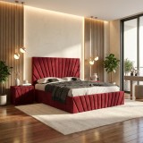 Pat Tapitat Leon Visiniu Catifea Premium Cu Noptiere Tapitate &Icirc;n stoc