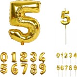 Set aniversar cu balon si lumanare pentru 5 ani REVIBOS, folie/ceara, auriu, 100 cm / 12,5 x 3,5 cm