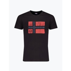 Tricou barbati cu decolteu la baza gatului si imprimeu cu logo, Negru, M