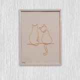 Tablou cu 2 pisicute, sculptura din fir continuu de sarma placata cu aur, 19&times;25 cm