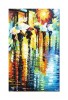 Tablou pictat manual, Peisaj citadin, oameni cu umbrele, 80x50cm ulei pe panza in cutit efect 3D