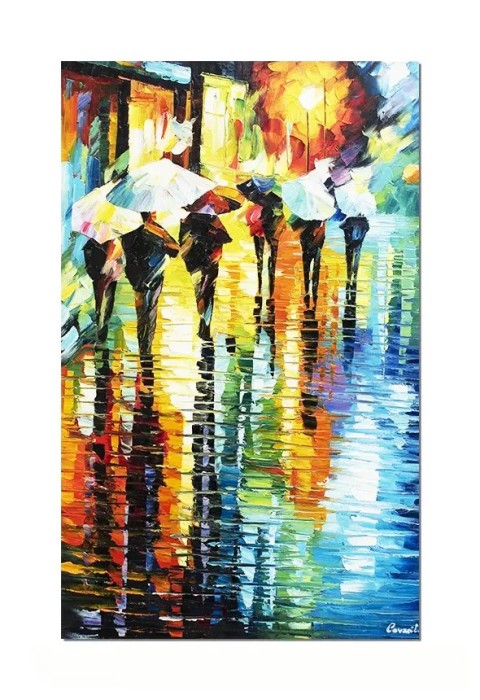 Tablou pictat manual, Peisaj citadin, oameni cu umbrele, 80x50cm ulei pe panza in cutit efect 3D