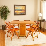 Set masa plianta cu spatiu depozitare, usa si sertar, Pal Melaminat, 160x96x80 cm si 6 scaune pliante lemn, tapitate cu piele ecologica, cires