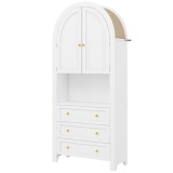 Dulap de depozitare &icirc;nalt cu arc, cu 3 sertare, uși și compartiment deschis pentru expunere, pentru bucătărie și living, 70x35x180 cm, Alb