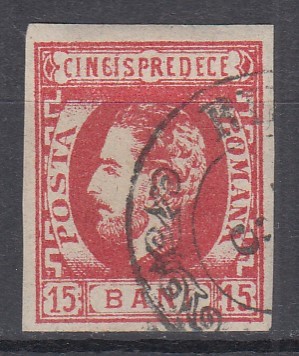 ROMANIA 1872 LP 32 REGELE CAROL I CU BARBA 15 BANI ROSU STAMPILAT