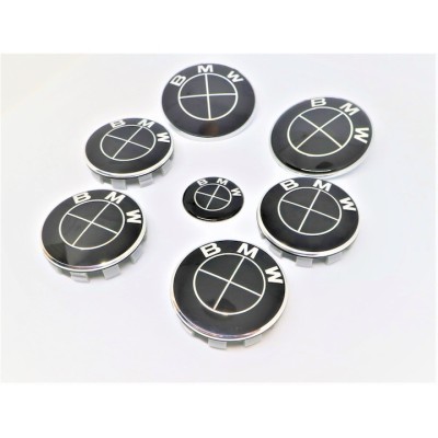 Set embleme BMW 7 piese, negre full, capota/portbagaj 82 mm, capace jante 68mm, sigla volan 44 mm, Bmw Seria 1,5,6,7, X1, X3, X5, X6, E60, F10, F12 foto