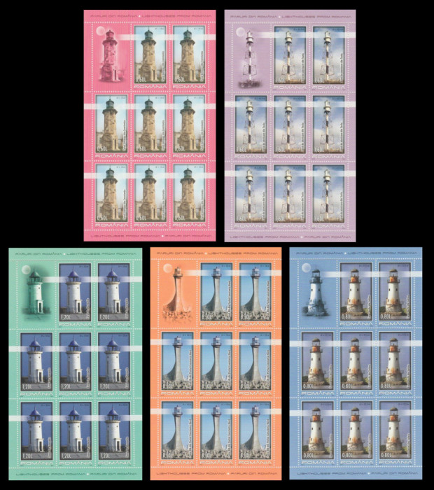 2010 Faruri din Romania, 5 minicoli de 8 timbre + vinieta LP 1857 b, MNH