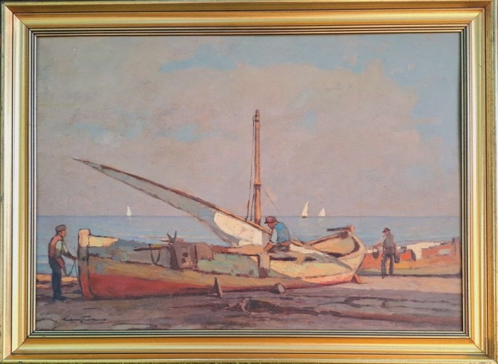 Constion (CONSTANTIN IONESCU)&ndash;Pescari pregătind barca - pictură pe lemn, licitată