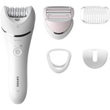 Epilator umed si uscat Philips BRE710/00, 5 accesorii, 32 pensete, Utilizare fara fir, 2 setari viteza, Opti-light, Discuri ceramice, Argintiu
