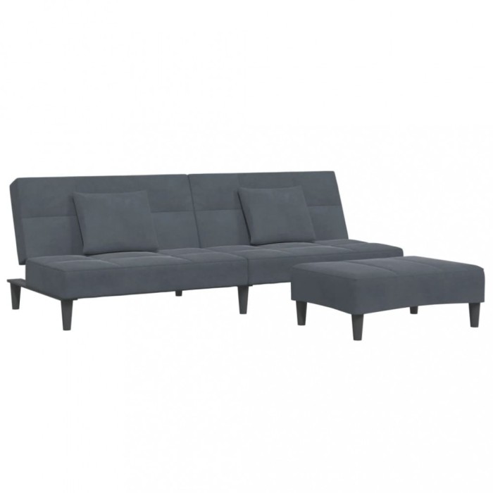 Canapea extensibila cu taburet, 2 locuri, gri inchis, catifea