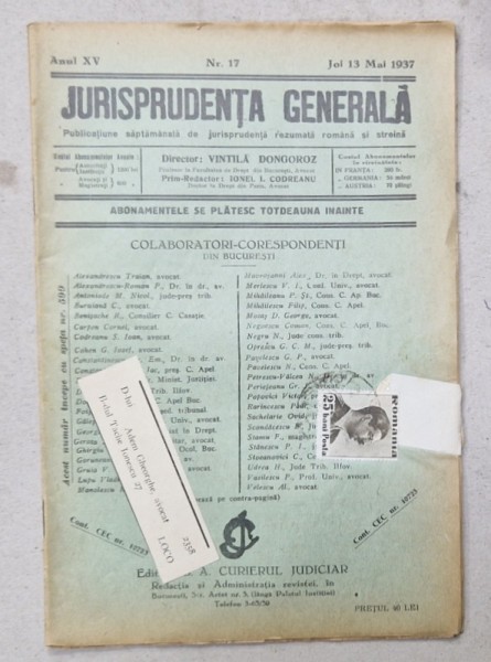 JURISPRUDENTA GENERALA , PUBLICATIUNE SAPTAMANALA DE JURISPRUDENTA REZUMATA ROMANA SI STREINA , NR.17, 1937