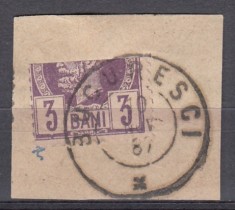 ROMANIA 1885/1887 LP 42 b REGELE CAROL I VULTURI HARTIE ALBA 3 BANI VIOLET/FRAGMENT STAMPILAT BUCURESTI