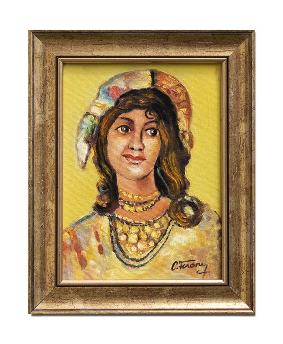 Tablou pictat manual inramat, Tanara cu salba, 30x23cm ulei panza, reproducere Nicolae Grigorescu