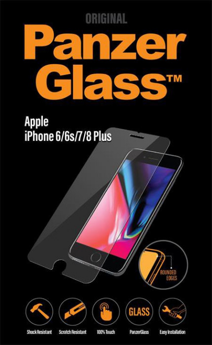 PanzerGlass - Geam Securizat Standard Fit pentru iPhone 6 Plus, 6s Plus, 7 Plus, 8 Plus, transparent