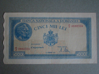 Bancnota 5000 lei 10 Octombrie 1944 Filigran Orizontal - XF+ foto