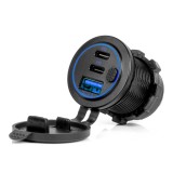 Incarcator auto waterproof AMiO cu intrerupator, 1x USB + 2x USB-C QC3.0, incarcare rapida, iluminare LED albastra, 12V 24V, pentru masini si barci