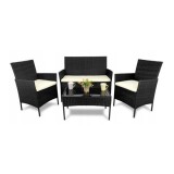 Set mobilier gradina/terasa, poliratan, negru cu perne crem, 1 masa, 2 fotolii, 1 canapea, Medi