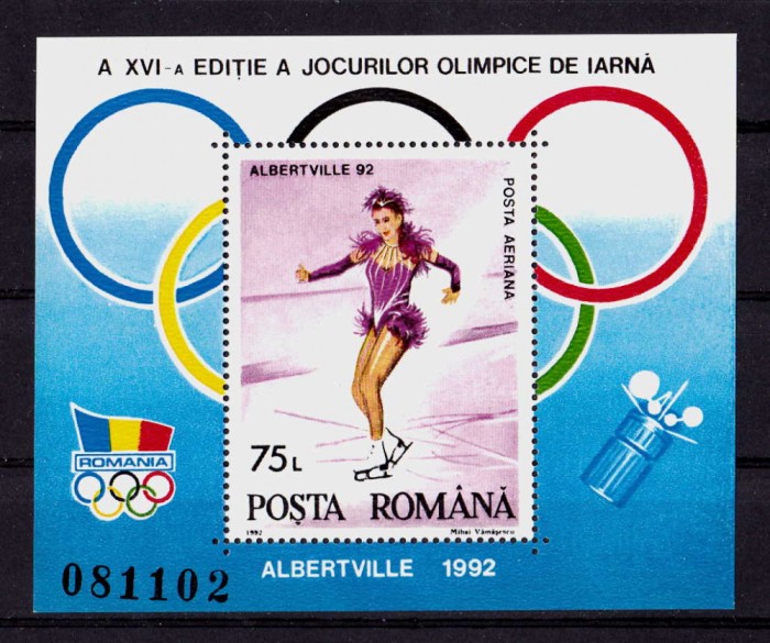 ✅ RO 1992 LP 1275 &quot;JO Iarna , Albertville&quot; , colita 269 , MNH