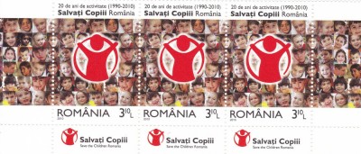 ROMANIA 2010 LP 1867-20 DE ANI ACTIVITATE SALVATI COPII TRIPTIC CU TABS-URI MNH foto