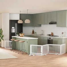 vidaXL Poartă c&acirc;ini pliabilă cu ușă, 6 panouri, alb, 480 cm, lemn plop 3155673