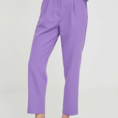 Sisley pantaloni femei, culoarea violet, drept, high waist