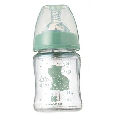 Biberon Sticlă Kikka Boo, Verde Menta, Ursulet, Capacitate 150ml, Tetina Silicon Anticolici, G&amp;acirc;t Larg foto