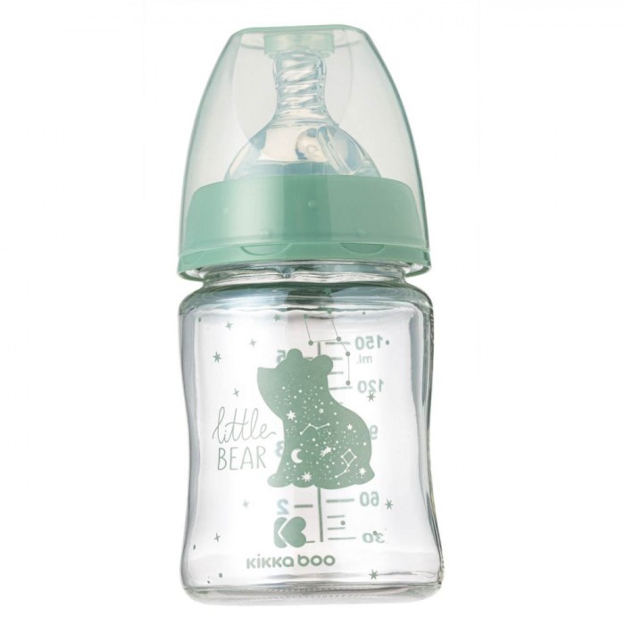 Biberon Sticlă Kikka Boo, Verde Menta, Ursulet, Capacitate 150ml, Tetina Silicon Anticolici, G&acirc;t Larg