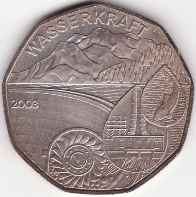 Moneda Austria - 5 Euro 2003 - Energie hidraulica - Argint