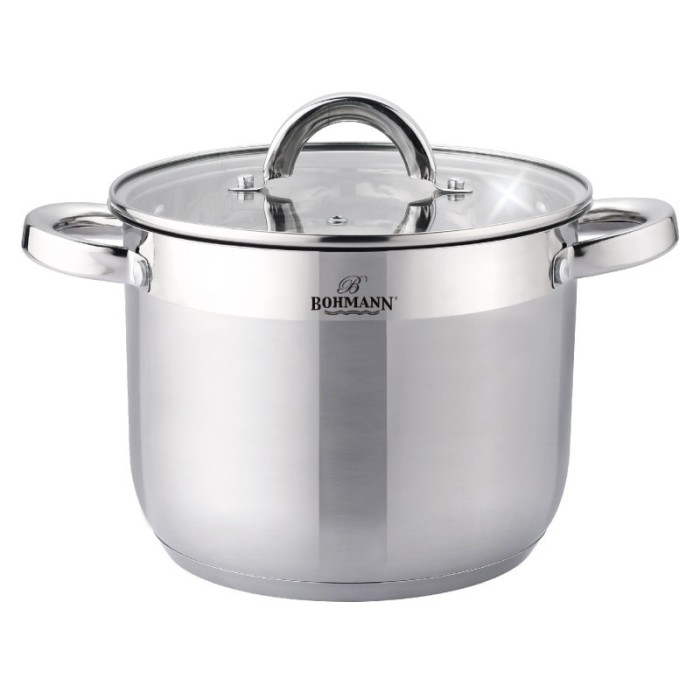 Oala din inox cu capac Bohmann, 7 L, 22 x16 cm, capac sticla termorezistent, compatibil inductie