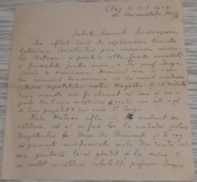 1927 Cluj / Scrisoare amplă George C. Mateescu ptr I Andriesescu / Iorga istorie foto