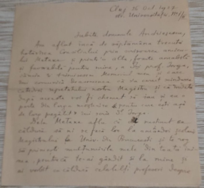 1927 Cluj / Scrisoare amplă George C. Mateescu ptr I Andriesescu / Iorga istorie
