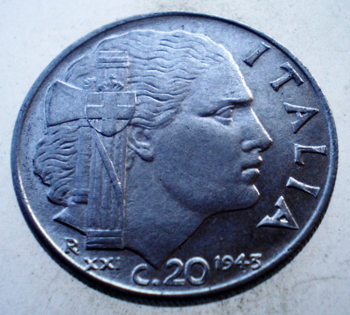 1.803 ITALIA WWII VITTORIO EMANUELE III 20 CENTESIMI 1943 R MAGNETIC
